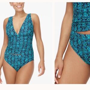J.Crew Ruched Plunge Blue Floral-Print Tankini Top L mid-rise Bottom (M) SET NEW